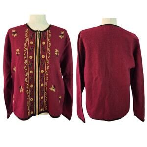 Koret Dark Red Wool Embroidered Zip Up Vintage Cardigan Sweater Medium